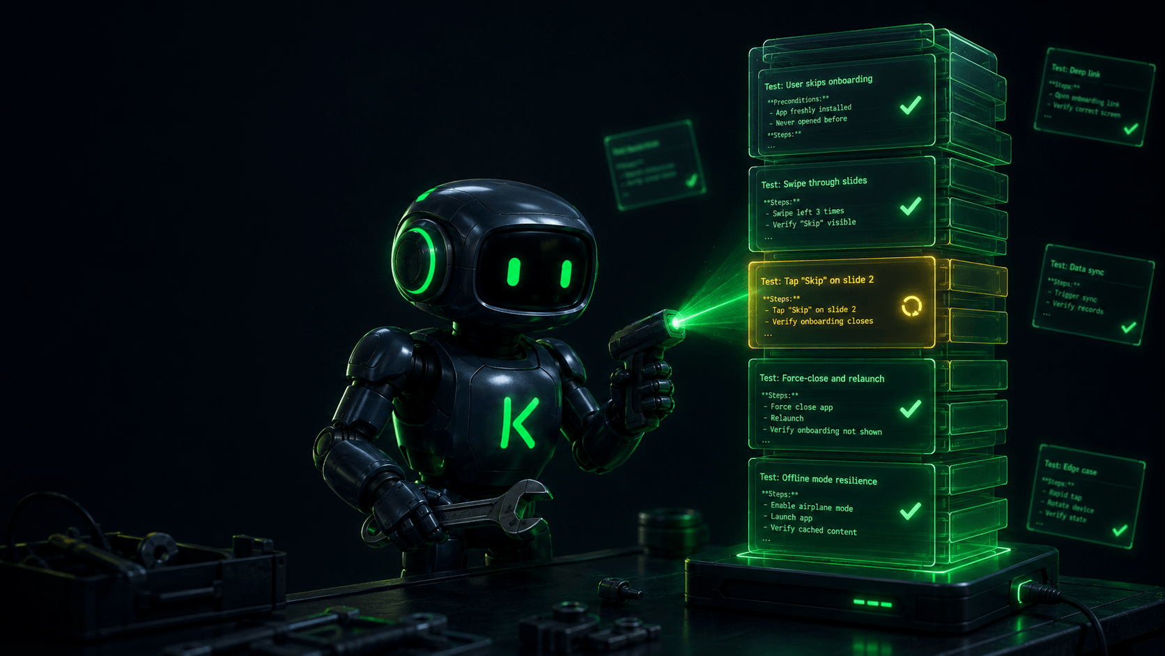 Kensa bot scanning and repairing a stack of test cases