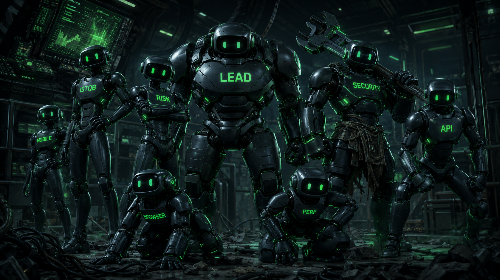 A squad of Kensa bots, each labelled with a QA specialty