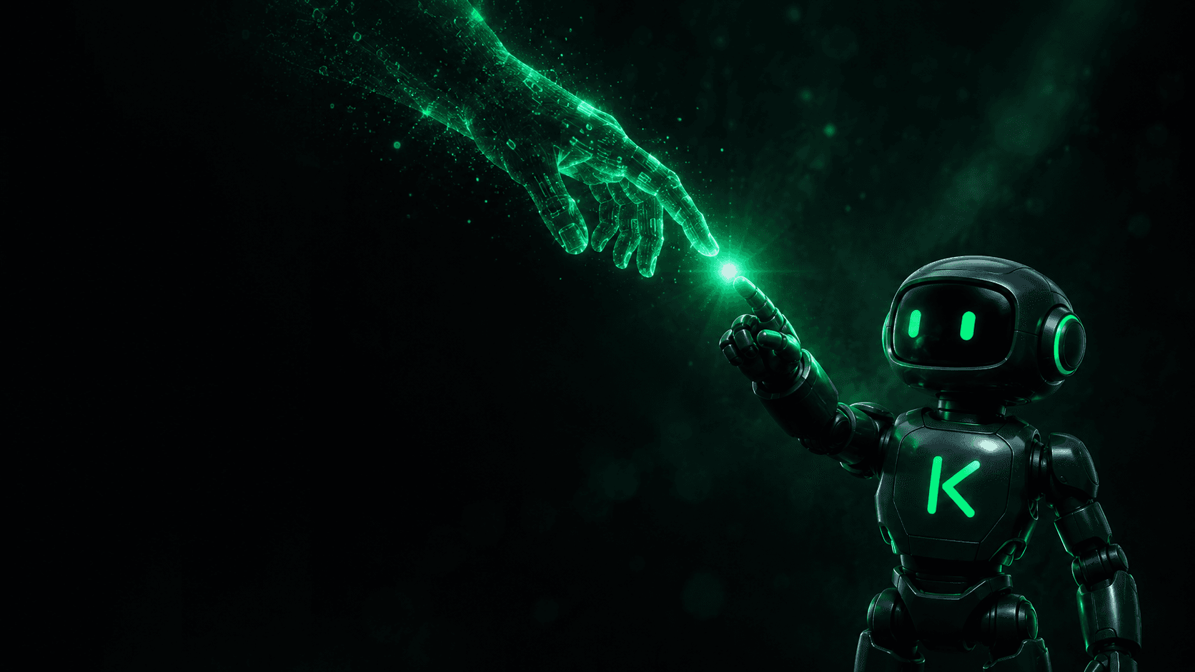 Kensa bot reaches toward a holographic AI hand, a green spark bridging them